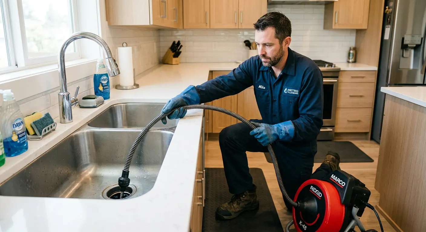 Drain cleaning technician using a motorized snake on a kitchen sink in Bedford