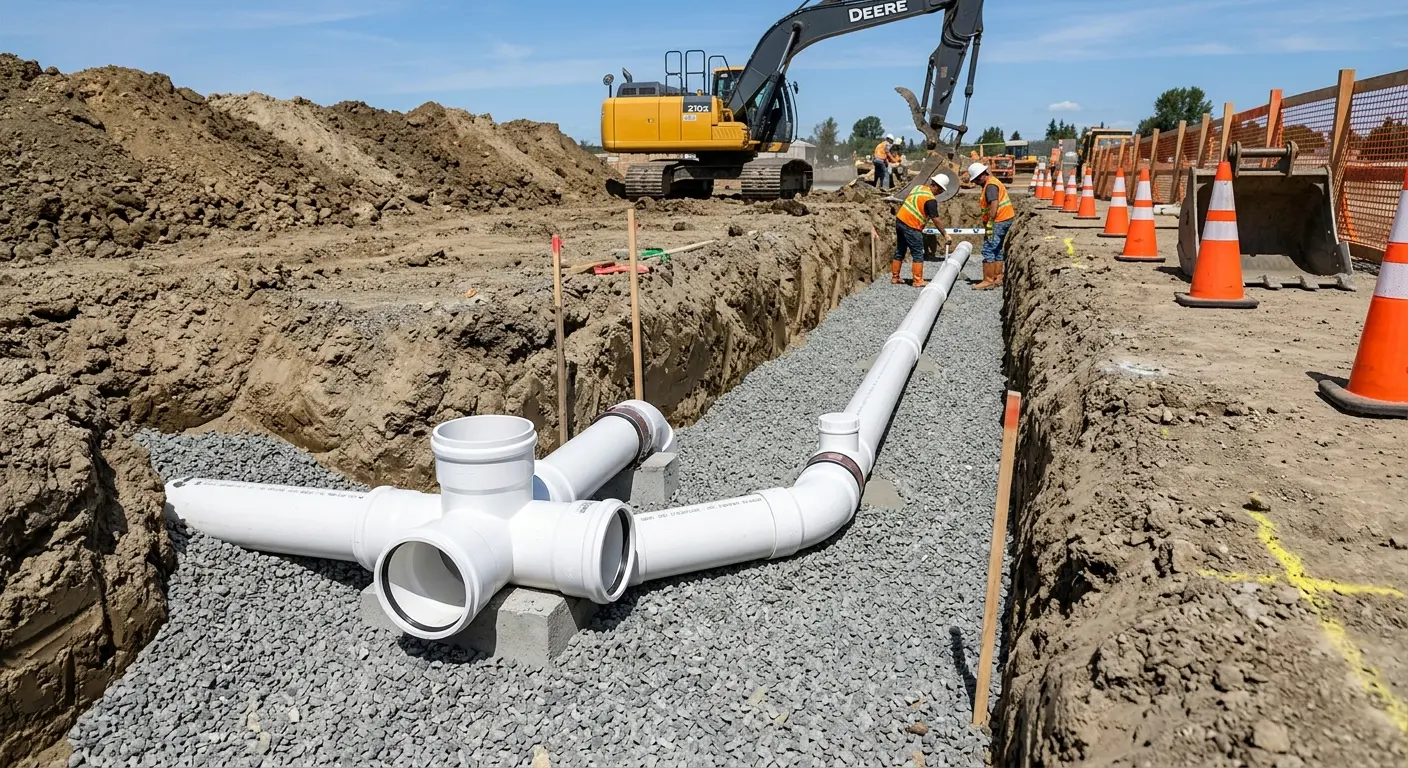 New PVC sewer pipe installation in open trench for Sewer Backup in Bedford